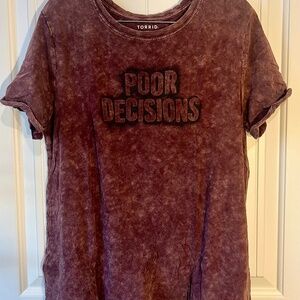 Torrid Poor Decisions Distressed Burgundy T-Shirt.